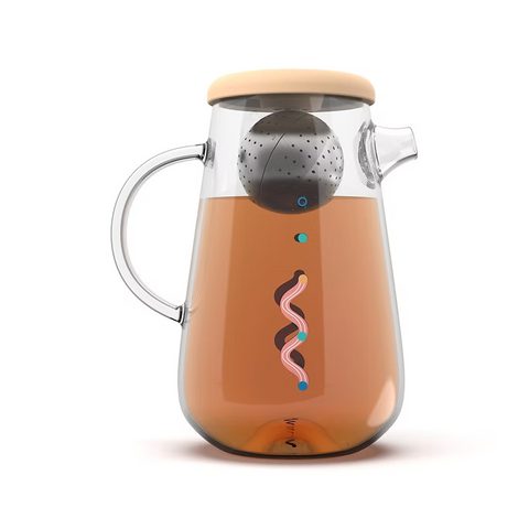 Get the Pong's OHTEAVOR POT is a hand-blown borosilicate glass tea and coffee pot. It features a patent-pending swirling design, a water level indicator, temperature control, and a silicone lid.