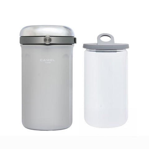 The CAMEL Tiffin 100 Vacuum Flask with Glass Food Jar (Grey White) by Get the Pong, showing the stainless steel case and glass container.