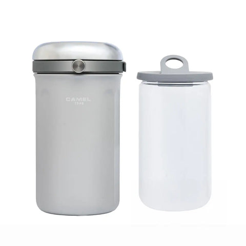 The CAMEL Tiffin 100 Vacuum Flask with Glass Food Jar (Grey White) by Get the Pong, showing the stainless steel case and glass container.