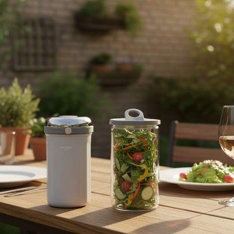 The CAMEL Tiffin 100 Vacuum Flask with Glass Food Jar (Grey White) by Get the Pong, showing the stainless steel case and glass container.