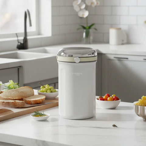 The CAMEL Tiffin 100 Vacuum Flask with Glass Food Jar (Grey White) by Get the Pong, showing the stainless steel case and glass container.