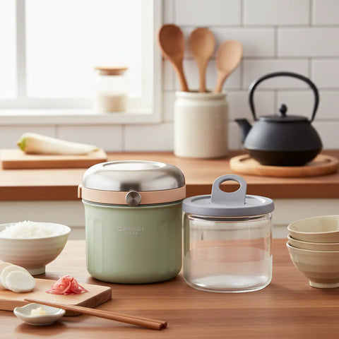 Get the Pong Tiffin 50 Neo Mint Thermoses Food Flask, showing the stainless steel case, glass container, and push-to-release lid.