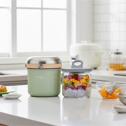 Get the Pong Tiffin 50 Neo Mint Thermoses Food Flask, showing the stainless steel case, glass container, and push-to-release lid.