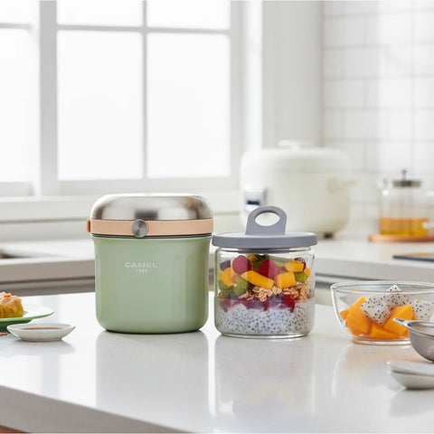 Get the Pong Tiffin 50 Neo Mint Thermoses Food Flask, showing the stainless steel case, glass container, and push-to-release lid.