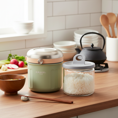 Get the Pong Tiffin 50 Neo Mint Thermoses Food Flask, showing the stainless steel case, glass container, and push-to-release lid.