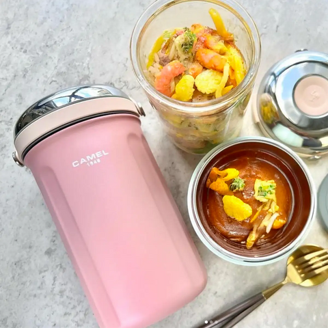 The (Core Edition) Tiffin 100 1.0L Stainless Steel Food Jar in Baby Pink by Get the Pong, featuring a 300ml glass container.