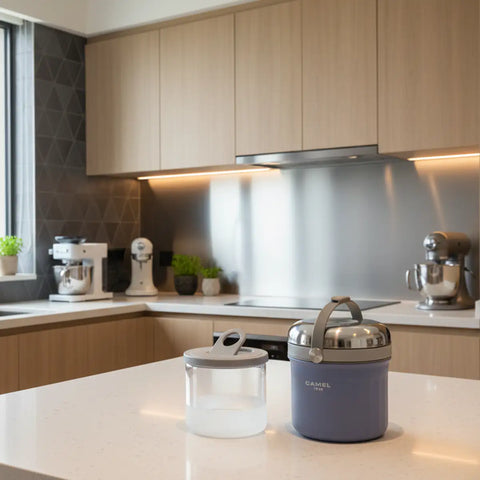 Get the Pong Tiffin 50 Light Purple Thermoses Food Flask, showing the stainless steel case, glass container, and push-to-release lid.