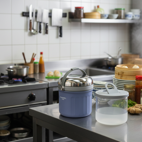 Get the Pong Tiffin 50 Light Purple Thermoses Food Flask, showing the stainless steel case, glass container, and push-to-release lid.