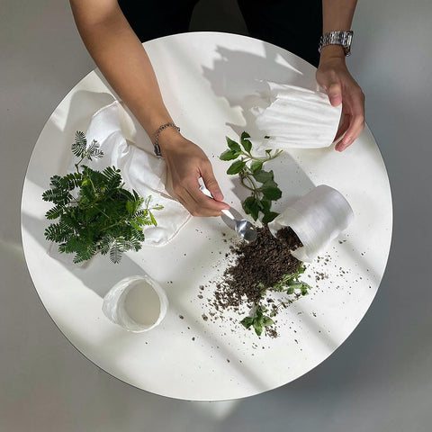 Get The Pong transforms old shirts into decorative resin vases or nutrient-rich planting soil through creative recycling.