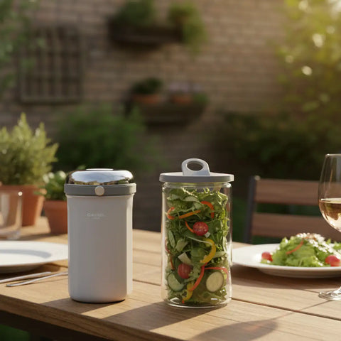 The CAMEL Tiffin 100 Vacuum Flask with Glass Food Jar (Grey White) by Get the Pong, showing the stainless steel case and glass container.