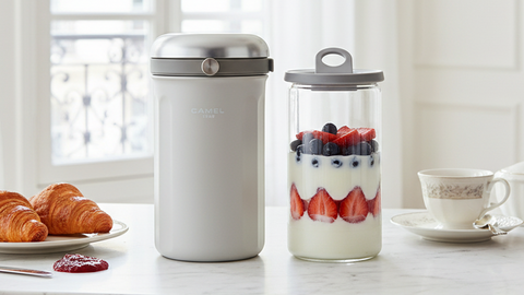 The CAMEL Tiffin 100 Vacuum Flask with Glass Food Jar (Grey White) by Get the Pong, showing the stainless steel case and glass container.