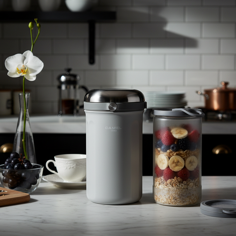 The CAMEL Tiffin 100 Vacuum Flask with Glass Food Jar (Grey White) by Get the Pong, showing the stainless steel case and glass container.