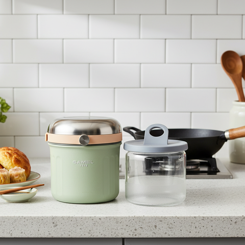 Get the Pong Tiffin 50 Neo Mint Thermoses Food Flask, showing the stainless steel case, glass container, and push-to-release lid.