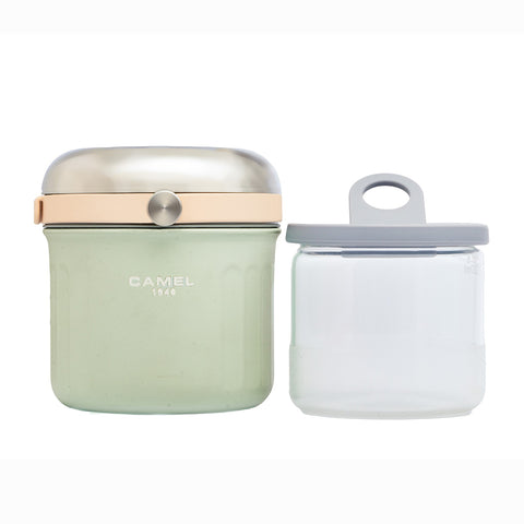 Get the Pong Tiffin 50 Neo Mint Thermoses Food Flask, showing the stainless steel case, glass container, and push-to-release lid.
