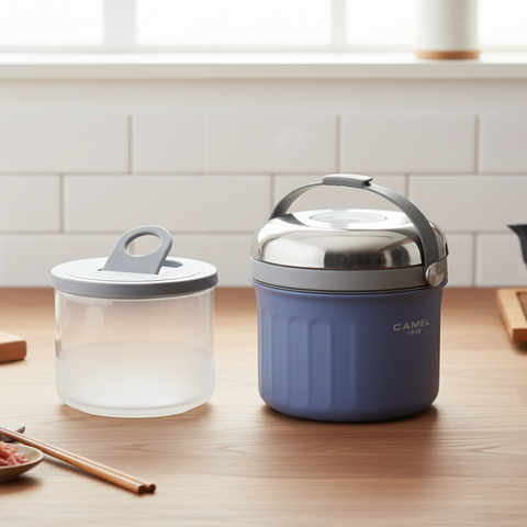 Get the Pong Tiffin 50 Light Purple Thermoses Food Flask, showing the stainless steel case, glass container, and push-to-release lid.