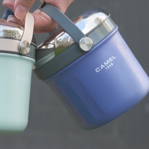 Get the Pong Tiffin 50 Light Purple Thermoses Food Flask, showing the stainless steel case, glass container, and push-to-release lid.